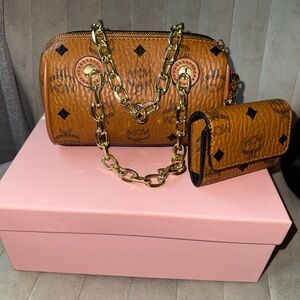 Tan and brown logoCrossbody Bag with Gold Chain